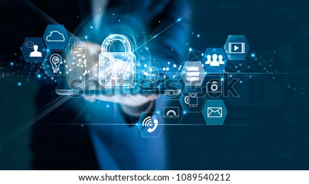 Data protection privacy concept. GDPR. EU. Cyber security network. Business man protecting data personal information on tablet. Padlock icon and internet technology networking connection on digital 