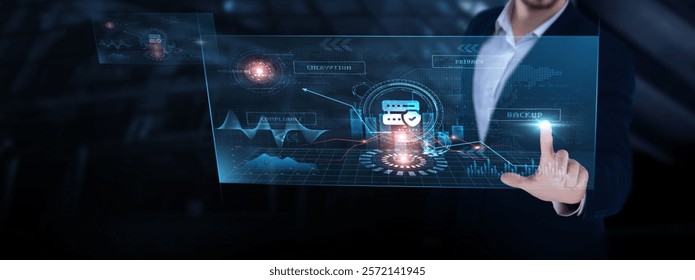 Data Protection: privacy policies, cybersecurity, compliance, access control, data breach prevention, risk management. Businessman analyzing data protection progress chart on digital interface.