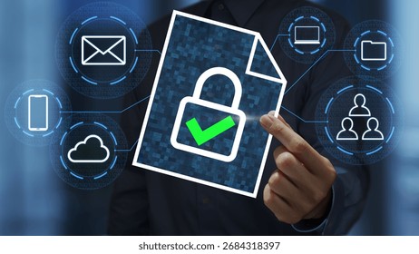 Data protection and security. Secure file storage and encrypted transfer. Business person holding a document with a padlock icon.
