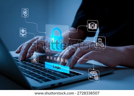 Data Protection Security. user login on laptop computer, data protection application, backup storage management, anti virus, firewall, cloud storage tech, internet network technology concept