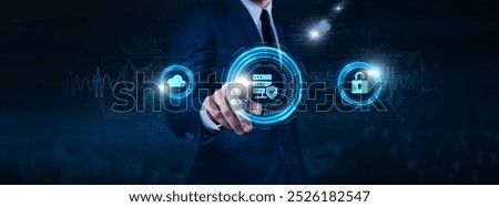 Data Protection Technology, cybersecurity measures, encryption protocols, businessman touch of firewall icon Data exchange on digital network connection, secure data storage, privacy regulations.