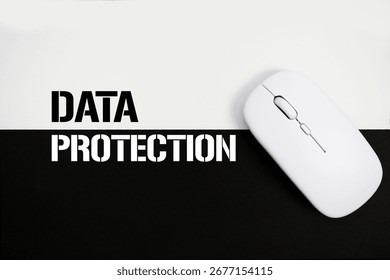 Data Protection text and wireless mouse on white and black background