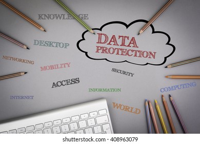 Data Protection word cloud. Colored pencils and a computer keyboard on the table.