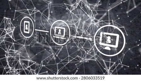 Data pulse sending three device icons forming technology chain while nodes reshaping rough ground. Cyberspace, mesh, glyphs, trio, screens, connectivity, texture
