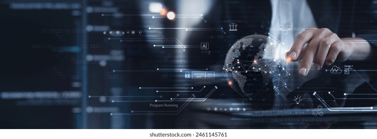 Data science, AI, Digital technology concept. Computer programmer using digital tablet with big data and cloud computing, business intelligence innovation technology background