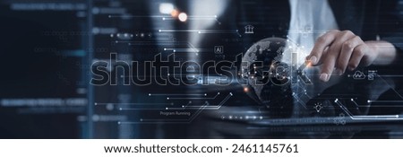 Data science, AI, Digital technology concept. Computer programmer using digital tablet with big data and cloud computing, business intelligence innovation technology background