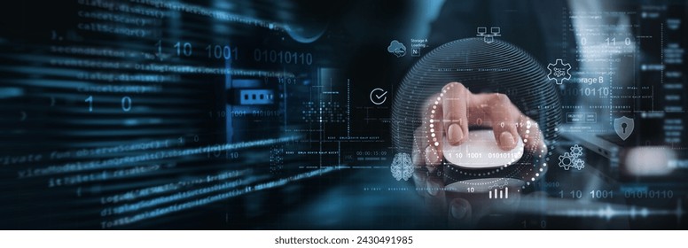 Data science and analysis. Software developer using digital tablet connecting with database and data center. Business process automation software and management software (SAP). data engineering