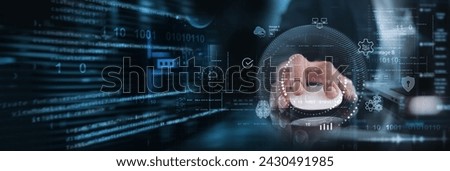 Data science and analysis. Software developer using digital tablet connecting with database and data center. Business process automation software and management software (SAP). data engineering
