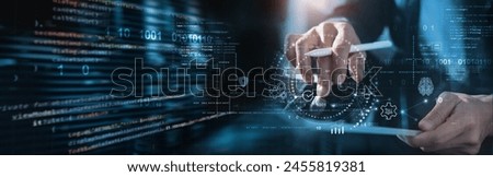 Data science and analysis. Software developer using digital tablet connecting with database and data center. Business process automation software and management software (SAP). data engineering