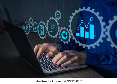 Data science analyst working with statistics and report on computer. Concept with icons of charts and graph connected. Business analytics consultant analyzing metrics and key performance indicators