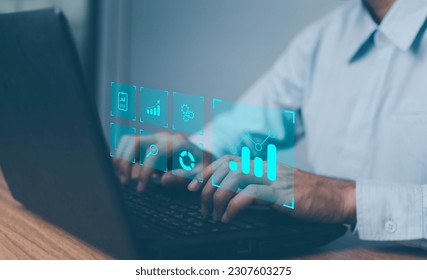 Data science analyst working with statistics and report on computer. Concept with icons of charts and graph connected. Business analytics consultant analyzing metrics and key performance indicators
