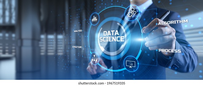 Data science analytics concept. Businessman pressing button on screen.