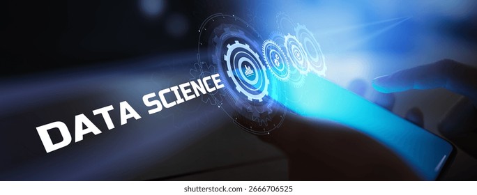 Data Science and Analytics Visualization with Gear Icons on Mobile Interface.