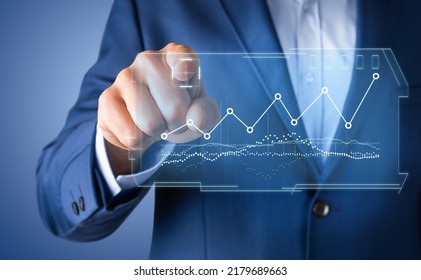 Data Science And Big Data Analysis Consept. Man Touchs Digital Screen With Hologram Graphs.