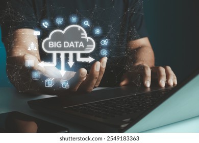 Data science and big data technology. Business intelligence analyst. Data mining, artificial intelligence, machine learning, business analytics. Businessman hand showing a cloud virtual screen.