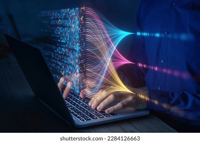 Data science and big data technology. Scientist computing, analysing and visualizing complex data set on computer. Data mining, artificial intelligence, machine learning, business analytics. - Shutterstock ID 2284126663