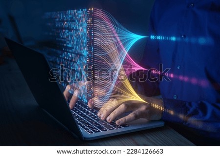 Data science and big data technology. Scientist computing, analysing and visualizing complex data set on computer. Data mining, artificial intelligence, machine learning, business analytics.