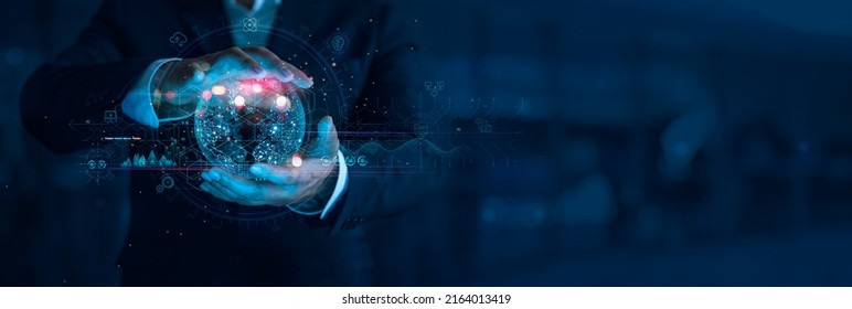 Data science, Business and AI, Programmer, Algorithm, Artificial Intelligence and Digital Technology. Businessman hold digital data of business network on global internet networking. - Shutterstock ID 2164013419