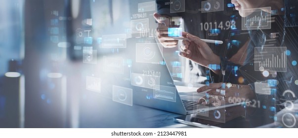 Data science, business analysis and strategy, big data concept.Business teamwork analyzing financial graph on virtual touch screen, futuristic technology solution for business development
