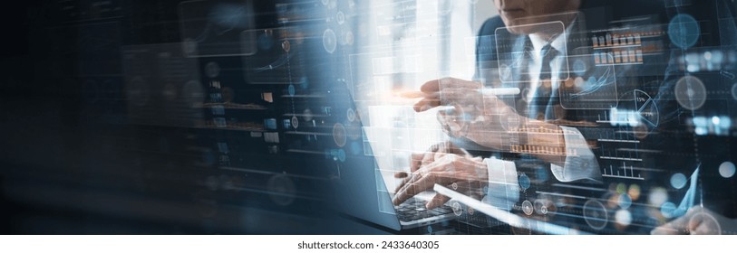 Data science, business analysis and strategy, big data concept. Business teamwork analyzing financial graph on virtual touch screen, data analysis, information technology for business development - Powered by Shutterstock