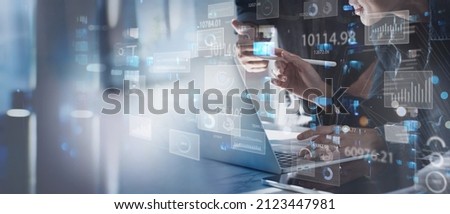 Data science, business analysis and strategy, big data concept.Business teamwork analyzing financial graph on virtual touch screen, futuristic technology solution for business development Foto stock © 