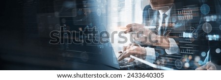 Data science, business analysis and strategy, big data concept. Business teamwork analyzing financial graph on virtual touch screen, data analysis, information technology for business development