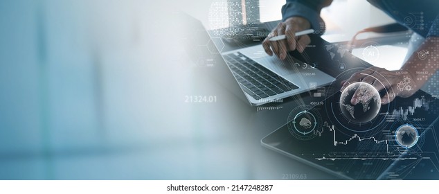 Data science, Business and Artificial Intelligence AI, Digital Technology concept. Businessman working with laptop computer and big data, global internet network, business analysis - Shutterstock ID 2147248287