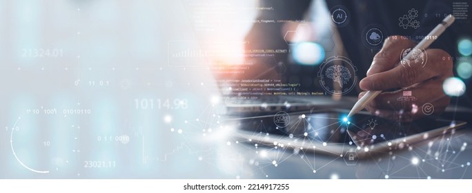 Data Science, Business And Artificial Intelligence AI, Digital Technology. Software Engineer Working On Digital Tablet With Computer Code And Big Data, Global Internet Network, Software Development