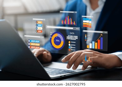 Data science and business intelligence, Business data analytics, Analyst using big data dashboard for performance evaluation, KPI metrics, Strategic decision making with AI and technology.