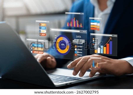 Data science and business intelligence, Business data analytics, Analyst using big data dashboard for performance evaluation, KPI metrics, Strategic decision making with AI and technology.