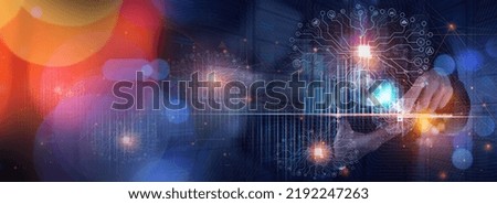 Data science, Businessman and Artificial Intelligence AI, Digital Technology concept. Businessman working digital tabletcomputer and big data, global internet network.