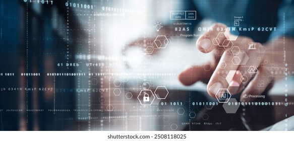 Data science concept. IT engineer, data scientist working on digital tablet with big data in data center network server. Cloud computing and Internet network, innovation technology background.