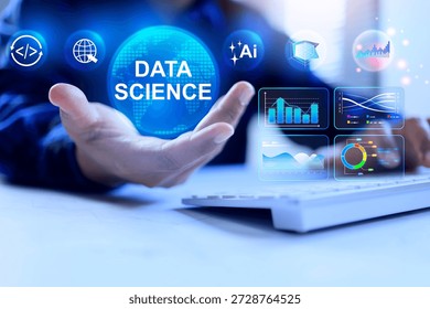 data science concept with programmer or data scientist working on desktop computer to holding data globe on his hand represent to collect and arrange summary conclusion for strategic process