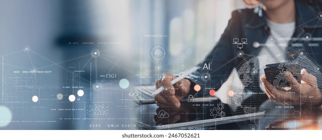 Data science, digital technology, big data management concept. Computer programmer, software engineer using digital tablet with internet network connection, software technology and development