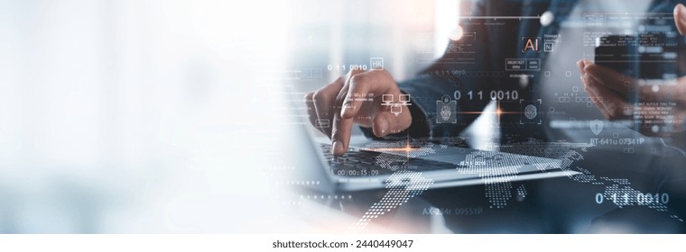 Data science. Digital technology. Computer programmer using digital tablet computer with AI, cyber security, software development, cloud computing, data exchange, technology background - Powered by Shutterstock