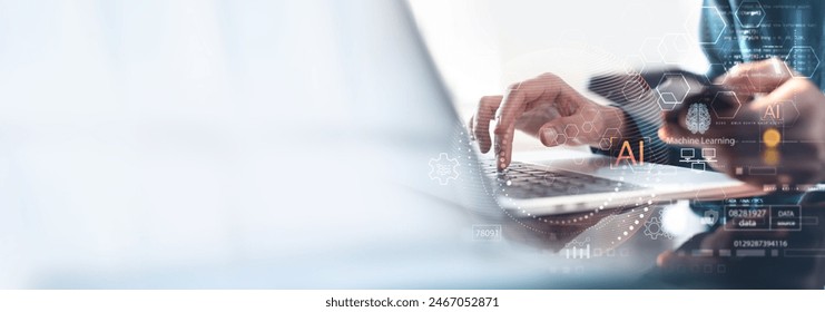 Data science. Digital technology. Computer programmer using digital tablet computer with AI, cyber security, software development, cloud computing, data exchange, technology background, cybernetics