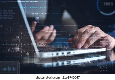Data science, digital technology concept. Computer science engineer programming on laptop, working with big data, virtual modern computer dashboard, system control, futuristic technology background. - Shutterstock ID 2161943047