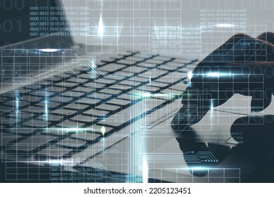 Data science, digital technology concept. Computer science engineer programming on laptop, virtual modern computer dashboard.