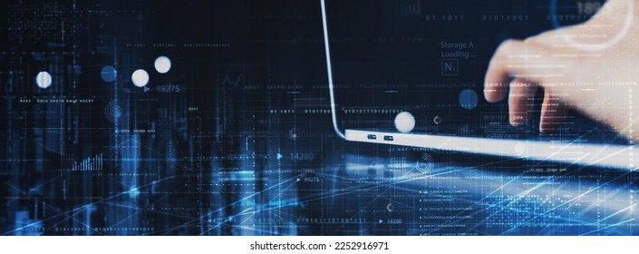 Data science, digital technology concept. Computer science engineer programming on laptop, working with big data processing, virtual interface, database, system control, technology background.