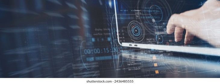 Data science, digital technology concept. Computer science engineer programming on laptop, working with big data, virtual modern computer dashboard, system control, futuristic technology background