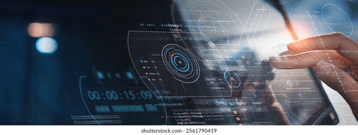 Data science, digital technology concept. Computer science engineer programming on laptop, working with big data, virtual modern computer dashboard, system control, futuristic technology background