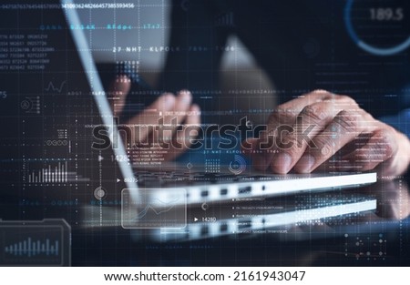 Data science, digital technology concept. Computer science engineer programming on laptop, working with big data, virtual modern computer dashboard, system control, futuristic technology background.
