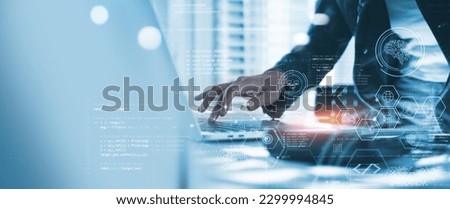 Data science, digital technology concept. Computer science engineer programming on laptop at office, data exchange, system control and data management with Ai, Business and Artificial intelligence