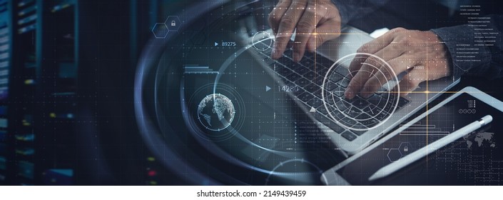 Data science, digital technology, internet global network, big data concept. Computer programmer working with virtual modern dashboard, future tech, global business, technology background.