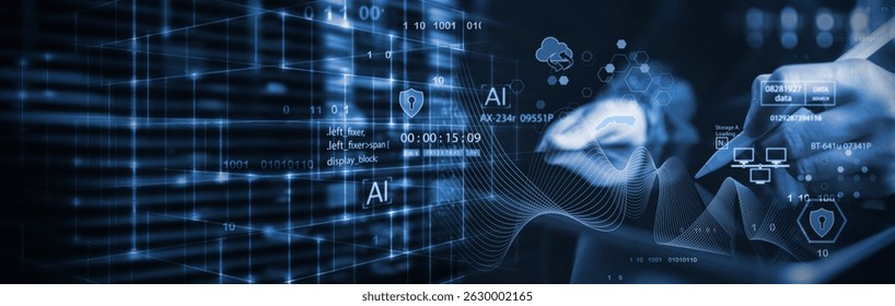 Data science and engineering, AI, cyber security technology, futuristic tech background. Software engineer working with database and big data analytics connecting with data center, cloud computing