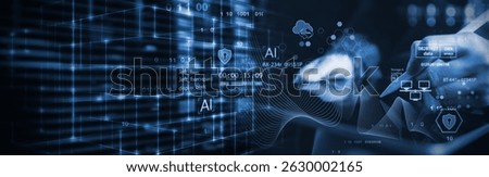 Data science and engineering, AI, cyber security technology, futuristic tech background. Software engineer working with database and big data analytics connecting with data center, cloud computing