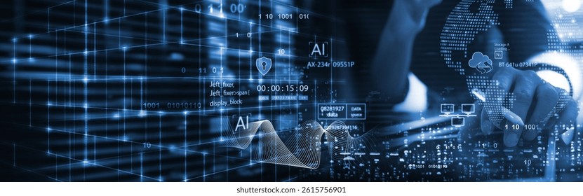 Data science and engineering, AI, digital technology, futuristic tech background. Software engineer working with database and big data analytics connecting with data center, cloud computing