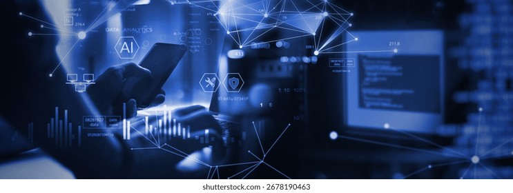 Data Science and engineering with AI, digital technology, tech background. Software engineer using AI for big data analytics, database management, cloud computing, data exchange, innovation technology