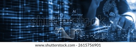 Data science and engineering, AI, digital technology, futuristic tech background. Software engineer working with database and big data analytics connecting with data center, cloud computing