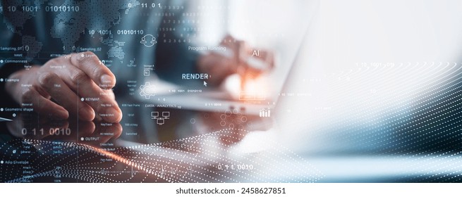 Data Science, engineering, digital technology, future tech background. Software engineer working with database and big data analytics, cloud computing with AI and data exchange, innovation technology
